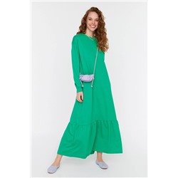 TRENDYOL MODEST Yeşil Büzgü Detaylı Bisiklet Yaka Örme Elbise TCTSS22EL00000