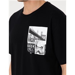 Siyah Comfort Fit Bisiklet Yaka Tişört