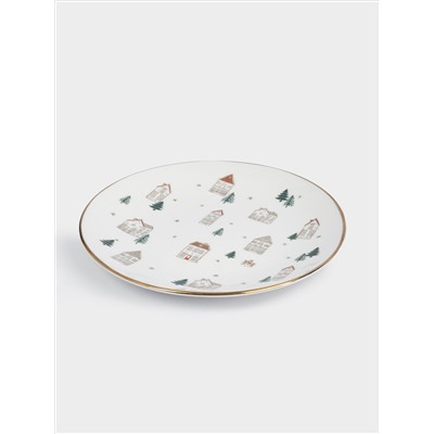 Тарелка закусочная, 19 см, фарфор N, бело-золотистая, Домики и ели, Townlet