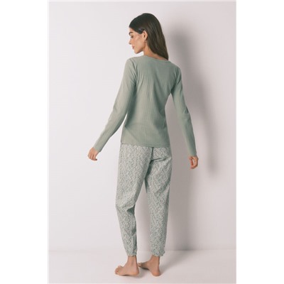 Pijama largo algodón estampado flores verde