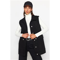 TRENDYOL MODEST Siyah Gömlek Yaka Cep Detaylı %100 Pamuk Denim Yelek Ceket TCTAW22CK0006