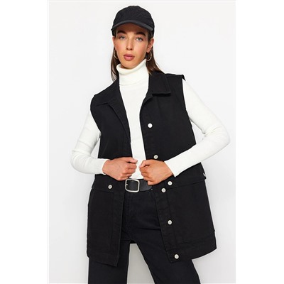 TRENDYOL MODEST Siyah Gömlek Yaka Cep Detaylı %100 Pamuk Denim Yelek Ceket TCTAW22CK0006