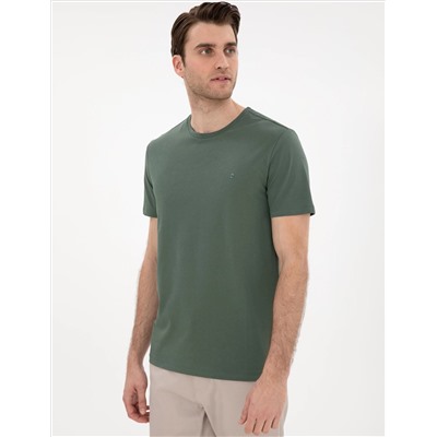 Haki %100 Pamuk Slim Fit Bisiklet Yaka Basic Tişört