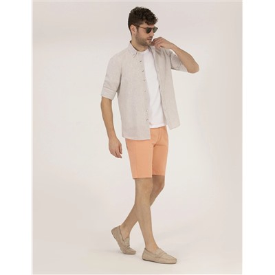 Turuncu Slim Fit Keten Karışımlı Beli Lastikli Bermuda Şort