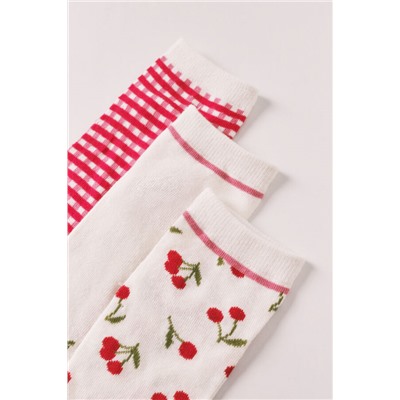 Pack 3 calcetines cortos estampados cerezas rojo