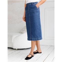 Джинсовая юбка прямая с разрезом и декоративной стиркой  из эластичного денима