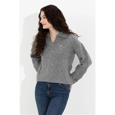 Kadın Gri Melanj V - Yaka Kazak