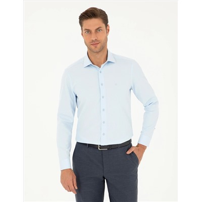 Açık Mavi Slim Fit Armürlü Uzun Kollu Gömlek