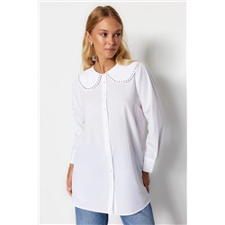 TRENDYOL MODEST Beyaz Taş Detaylı Pamuklu Dokuma Gömlek TCTAW24TG00025