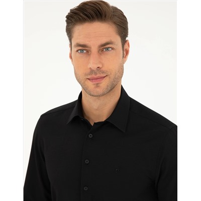 Siyah Armürlü Slim Fit Uzun Kollu Gömlek