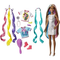 Barbie Fantasy Hair Doll, Blonde, with 2 Decorated Crowns, 2 Tops & Accessories for Mermaid and Unicorn Looks, Plus Hairstyling Pieces, for Kids 3 to 7 Years Old