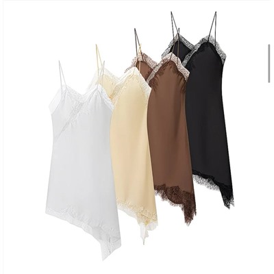 Ассиметричное атласное мини-платье с кружевом (4 цвета)