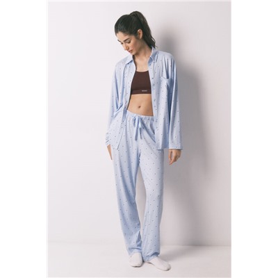 Pijama camisero largo azul estampado puntos