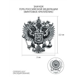 Значок из чернёного серебра (винтовая застёжка) - Герб Российской Федерации С-007ч