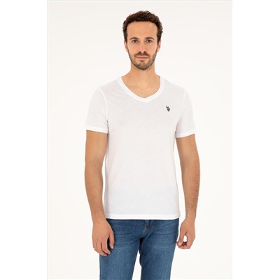 Erkek Slim Fit V Yaka Beyaz Basic Tişört