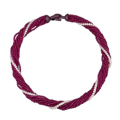 Колье (жемчуг, шпинель рубин, фианит фуксия; покрытие черный родий) 50см, Есть комплект