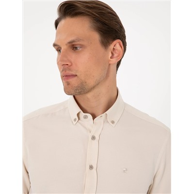 Bej Oxford Slim Fit Kolay Ütülenebilir Gömlek