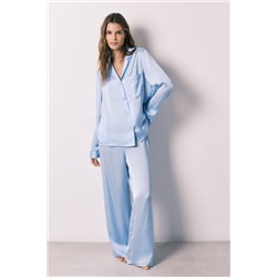 Pijama camisero largo satén azul