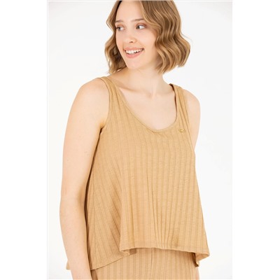 Kadın Camel Bisiklet Yaka Kolsuz Tişört