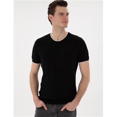 Siyah Slim Fit Bisiklet Yaka Triko Tişört