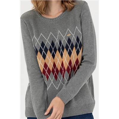 Kadın Gri Melanj Bisiklet Yaka Kazak