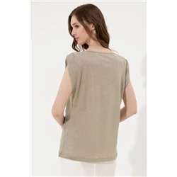Kadın Haki Bisiklet Yaka Kolsuz Tişört