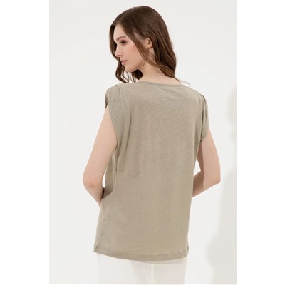 Kadın Haki Bisiklet Yaka Kolsuz Tişört