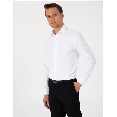 Beyaz Slim Fit Uzun Kollu Armürlü Gömlek