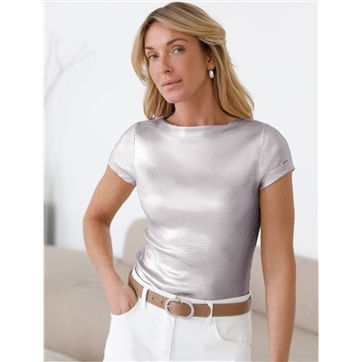 Футболка облегающая из хлопка в рубчик с вырезом лодочка с матовым покрытием металлик