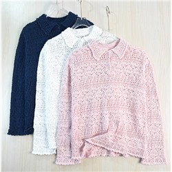 Женский  хлопковой  вязаный крючком ажурный свитер-поло