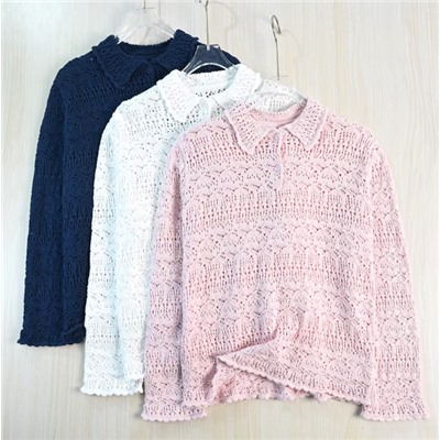 Женский  хлопковой  вязаный крючком ажурный свитер-поло