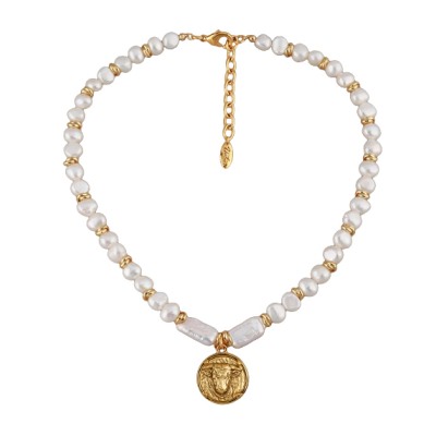 Колье Телец (жемчуг белый 6мм; покрытие античное золото, золото) 49см, Есть комплект