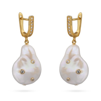 Серьги (жемчуг барочный белый 20мм, фианит; покрытие золото), Есть комплект