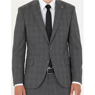 Füme Ekose Ekstra Slim Fit Yün Karışımlı Takım Elbise