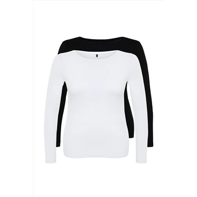 Trendyol Curve Siyah-Beyaz Bisiklet Yaka Örme Bluz TBBAW24AF00063