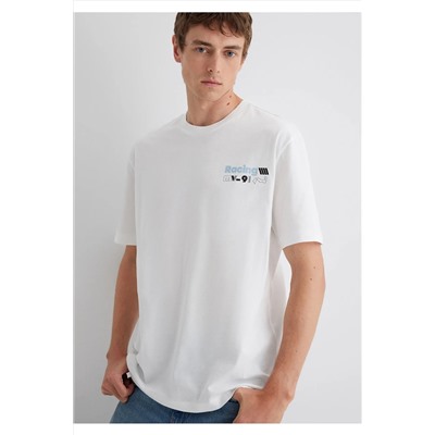 Mavi Baskılı Ekru Tişört Loose Fit / Bol Rahat Kesim 0613033-70057