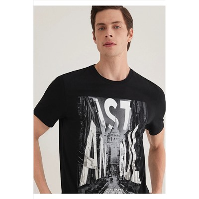 Mavi İstanbul Galata Baskılı Siyah Tişört Slim Fit / Dar Kesim 067053-900
