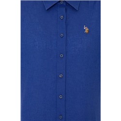 Kadın Mavi Keten Görünümlü Uzun Kollu Basic Gömlek