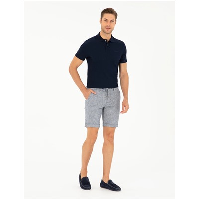 Açık Lacivert Slim Fit Keten Karışımlı Beli Lastikli Bağcıklı Dokuma Şort