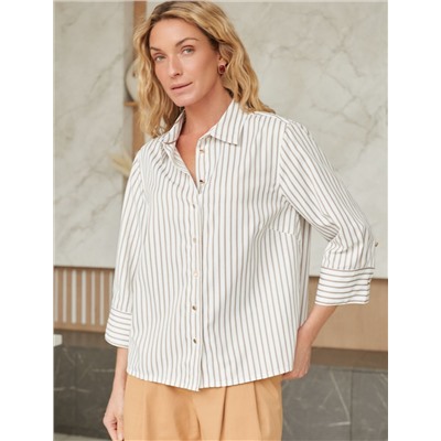 Блузка свободного силуэта в полоску  с рукавом 3/4  из хлопка