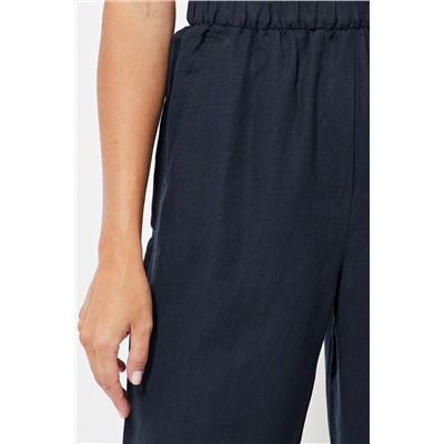 Pantalón slim fit de lino cintura alta - Azul marino