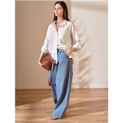 Блузка в полоску свободного силуэта с карманом из хлопка с добавлением льна