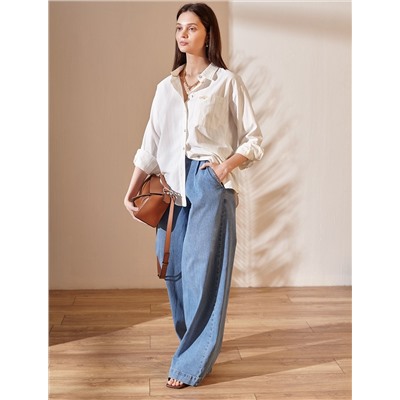 Блузка в полоску свободного силуэта с карманом из хлопка с добавлением льна