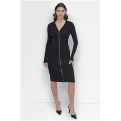 LONG SLEEVE ZIP FRONT SWEATER DRESS