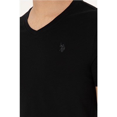 Erkek Slim Fit V Yaka Siyah Basic Tişört