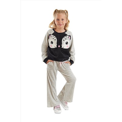 Denokids İkiz Ceylan Kız Çocuk Gri Kadife Eşofman Takım CFF-23S1-071