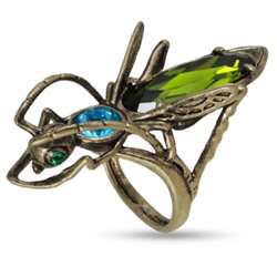 Кольцо Кузнечик (кристаллы SW зеленые, голубые; покрытие бронза), Есть комплект