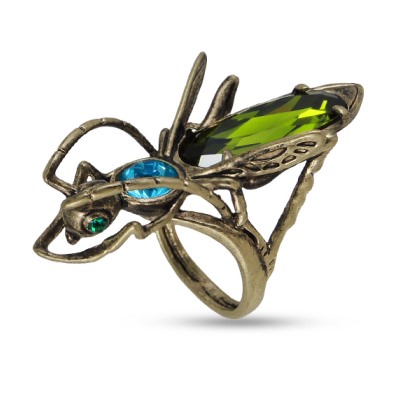 Кольцо Кузнечик (кристаллы SW зеленые, голубые; покрытие бронза), Есть комплект