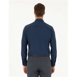 Lacivert Slim Fit Armürlü Uzun Kollu Gömlek