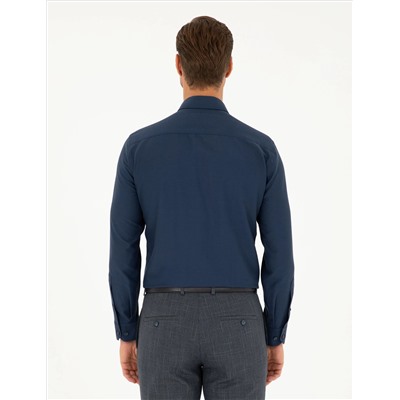 Lacivert Slim Fit Armürlü Uzun Kollu Gömlek